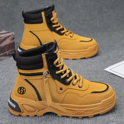 Men's Winter High Top Hiking Sports Work Shoes Leather Waterproof Thick Sole White Martin Boots
