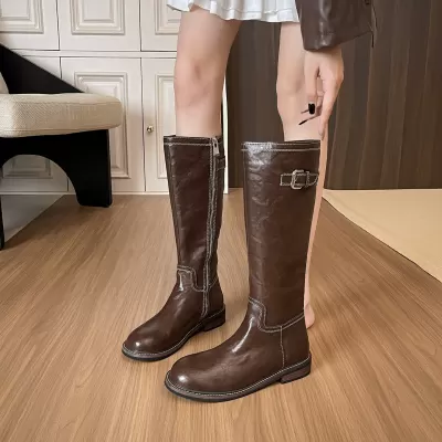 Women's Washed Horse Leather Retro Chunky Heel High Knee Boots Buckle Strap