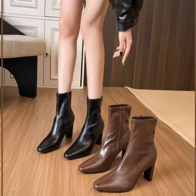 Women's Brown Chunky Heel Short Boots French Square Toe Ankle Boots Fall Winter · YANYAN China shoe factory