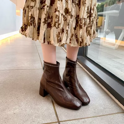 Women's Soft Leather French Square Toe Ankle Boots Korean Chunky Heel Fall Winter