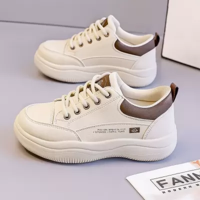 2025 Spring Fall New Leather White Sneakers Women Korean Comfort Student Thick Sole Running Sports Shoes · YANYAN China shoe factory