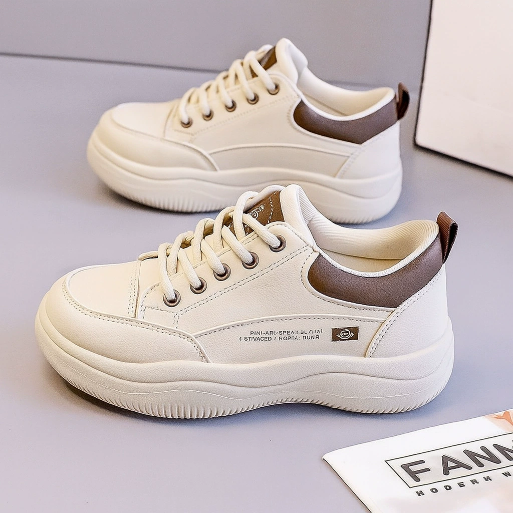 2025 Spring Fall New Leather White Sneakers Women Korean Comfort Student Thick Sole Running Sports Shoes