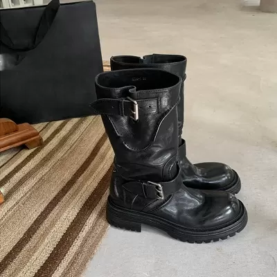 Women's Washed Horse Leather Cool Round Toe British Buckle Thick Sole Knight Boots Fall Winter · YANYAN China shoe factory