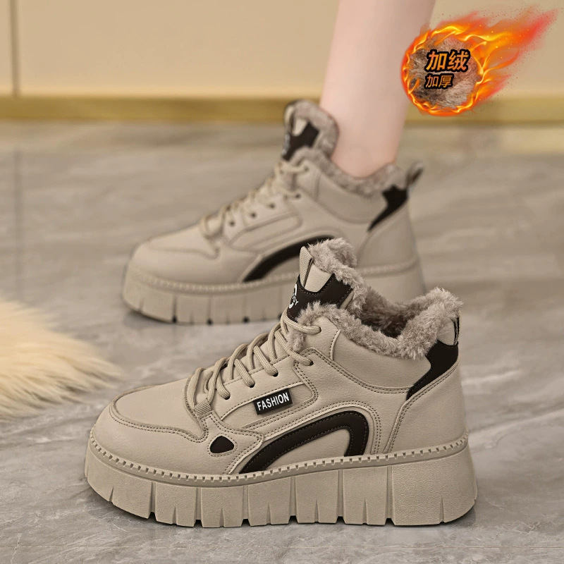 Chaussures blanches montantes femme 2025 hiver doublées polaire coréennes étudiantes semelle épaisse coton décontractées