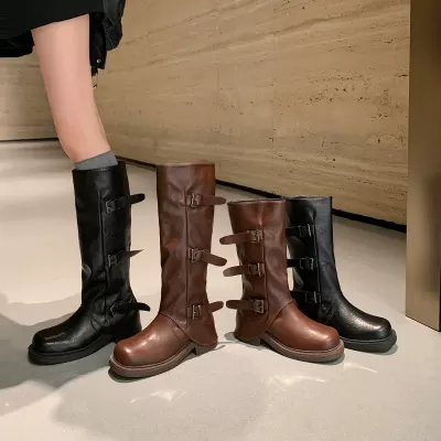 Women's 6.5cm Heel Buckle Mid Calf Western Knight Long Boots Stack Boots · YANYAN China shoe factory