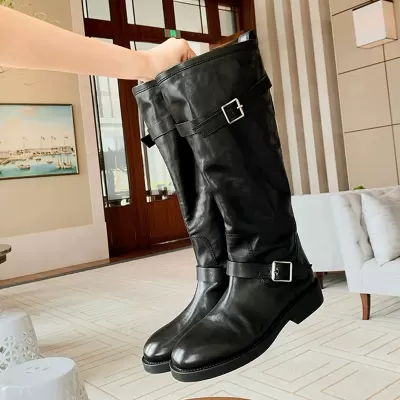 Women's Round Toe Fashion Buckle Chunky Heel High Knee Knight Boots Fall Winter · YANYAN China shoe factory