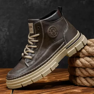 Men's Winter Martin Boots High Top Vintage Genuine Leather Casual Shoes Mid Top Waterproof Work Boots