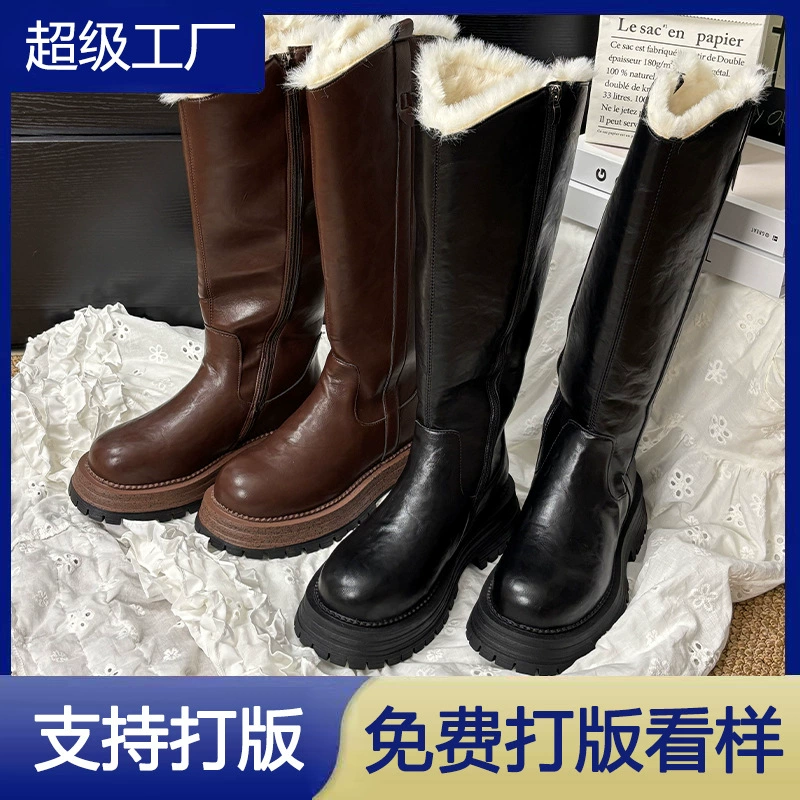 2025 New Low Heel Boots Women Round Toe Vintage Thick Sole Knee High Boots