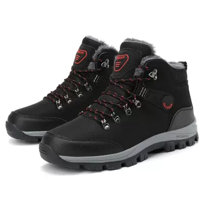 Winter Men's High Top Fleece Lined Hiking Boots, Waterproof Leather Snow Boots for Outdoor Travel