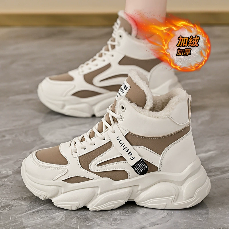Tênis Dad Sneakers Forrados com Pelúcia Feminino Outono Inverno 2025 Coreano Quente Alto Cano Esportivo Algodão