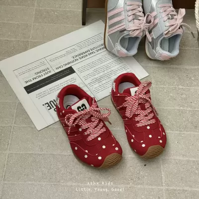 XSHX Polka Dot Small German Training Girls Cute Retro Sports Shoes Velcro Autumn Winter Red Silver Sweet Casual