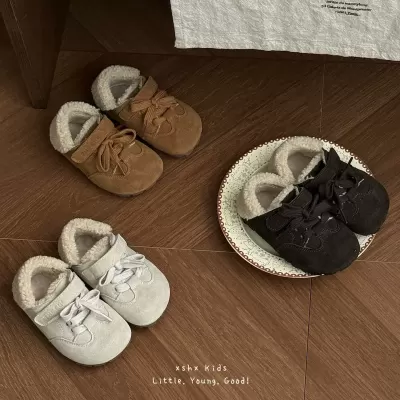 XSHX Retro Small Cotton Boots Boys Girls Korean Autumn Winter Warm Anti-Slip Rubber Sole Velcro Low Top