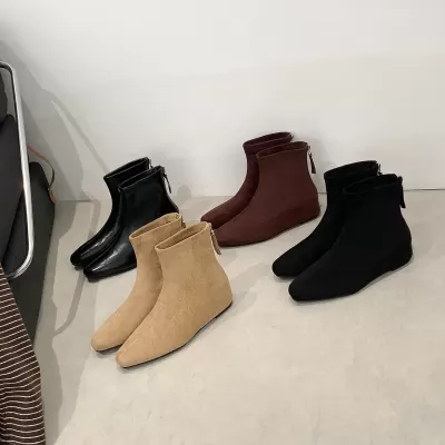Women's Korean Retro Pointed Toe Suede 5cm Inner Height Stiletto Square Toe Back Zip Ankle Boots · YANYAN China shoe factory
