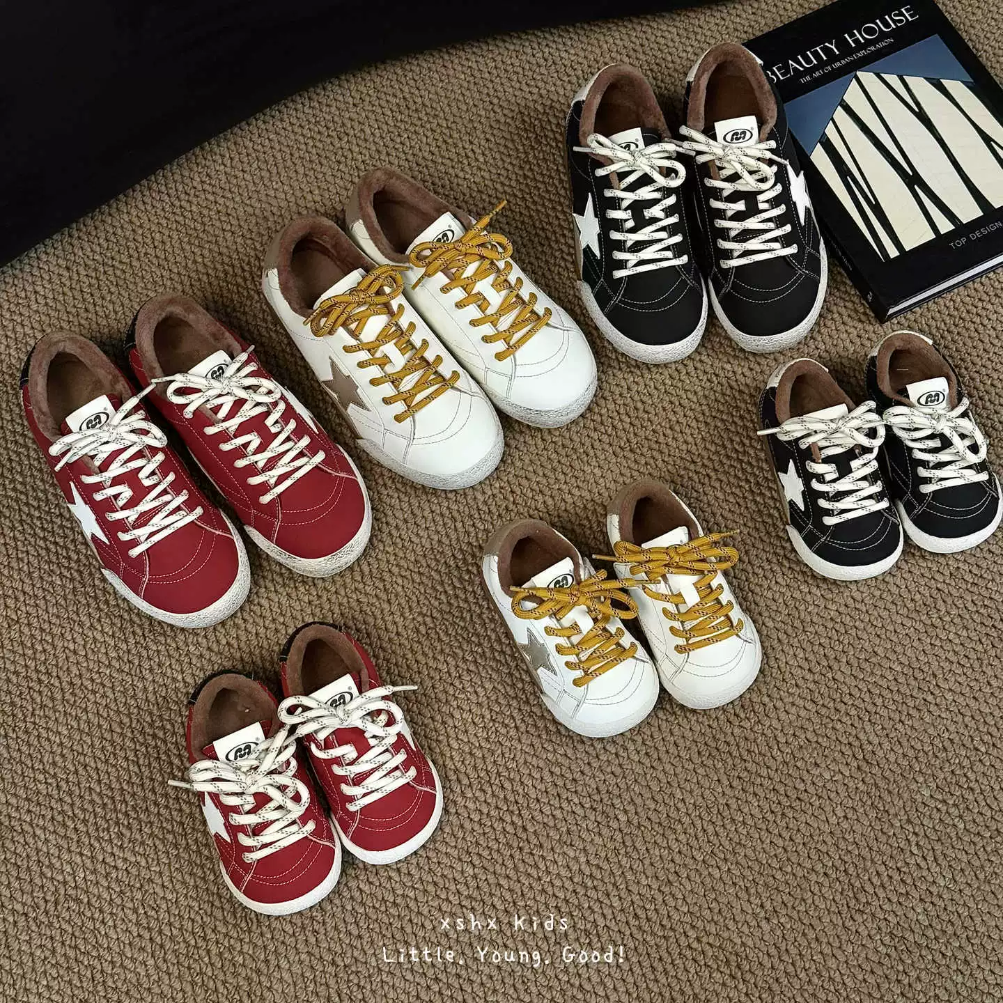 XSHX Star Board Shoes Boys Girls Autumn Winter Fleece Warm Velcro Anti-Slip Rubber Sole Retro Casual Sports