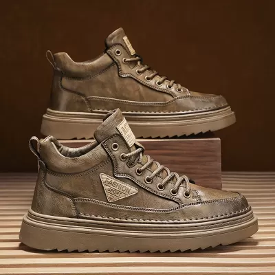 Men's Martin Boots 2025 Fall High Top British Vintage Fashion Leather Shoes Chunky Height Increasing