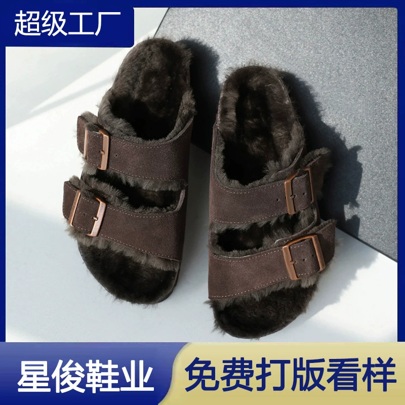 Birk Double Buckle Thick Sole Slippers for Women Autumn Winter Furry Slides Outdoor
