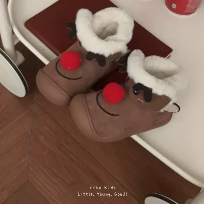 XSHX Christmas Reindeer Boots for Kids, Winter Warm Hidden Double Velcro Non-Slip Rubber Sole