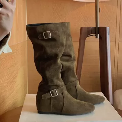 Women's Korean Fashion Buckle Design Stack Mid Calf Boots Fall Winter 5cm
