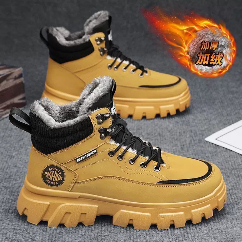 Men's Autumn Winter Martin Boots High Top British Work Yellow Boots Thick Outdoor Leather
