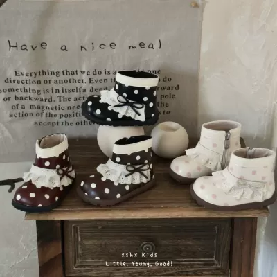 XSHX Ballet Polka Dot Boots for Girls, Vintage French Winter Side Zipper Rubber Sole Sweet