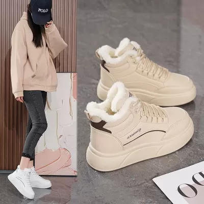 Winter Fleece Lined High Top White Shoes Women Korean Thick Sole Sports Casual Warm Cotton Short Boots · YANYAN China shoe factory