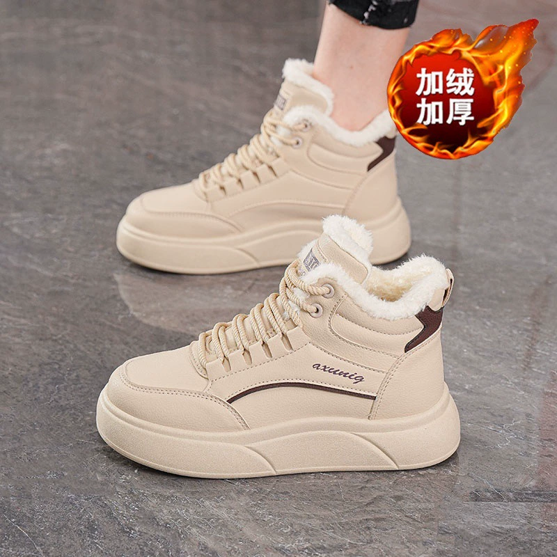 Zapatillas blancas de invierno forradas con fleece para mujer, caña alta, suela gruesa, zapatos de algodón calientes
