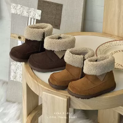 XSHX Retro Leather Boots for Kids, Winter Russian Style Side Zipper Warm Rubber Non-Slip Sole