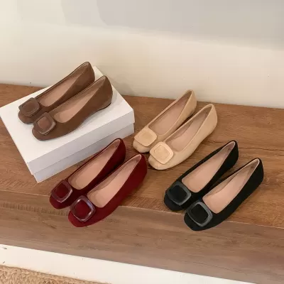 Women's Round Toe Square Buckle Suede Office Flats Spring Fall Low Top