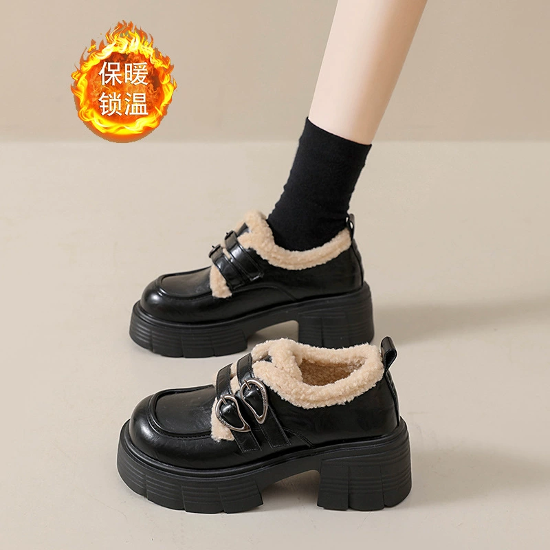 New Fleece Lined Loafers for Women, Fall Winter Chunky Heel Retro Fashion Leather Shoes