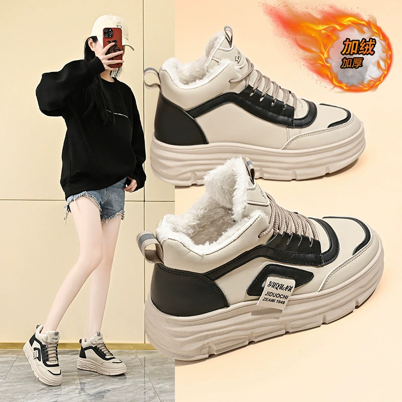 Tênis Cano Alto Feminino Forrado com Lã para Inverno, Sola Grossa, Botas Curtas Quentes de Algodão