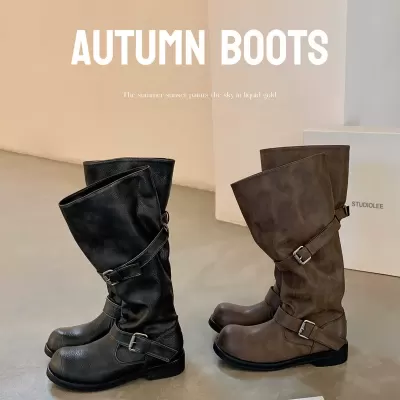 Women's Wide Shaft Round Toe Trouser Boots Chunky Heel Thick Sole Mid Long Knight Boots Fall Winter