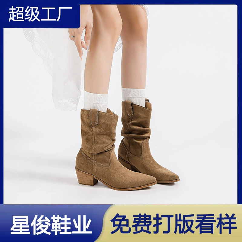 2025 Autumn Winter Retro Pointed Western Cowboy Boots for Women Fashion Wrinkle Knee High