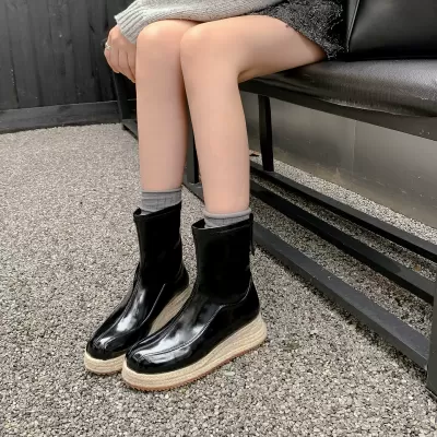 Women's 5cm Wedge Square Toe Ankle Boots with Back Zipper, Straw Woven Chunky Heel, Retro Height Increase