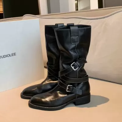 New Flat Motorcycle Boots for Women, Fashionable Lace-Up Mid-Calf Riding Boots with Chunky Heel