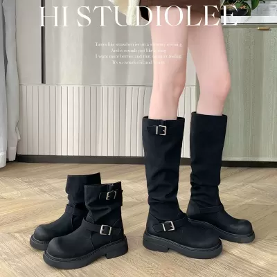 New Retro Round Toe Buckle Strap Mid-Calf Riding Boots for Women, 6cm Heel, Two Shaft Heights