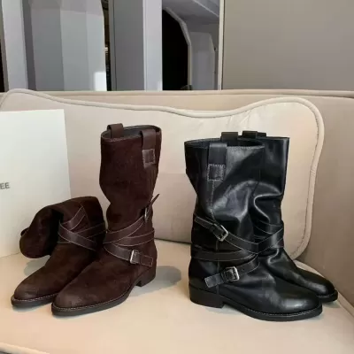 New 4cm Heel Pointed Round Toe Slim Fit Buckle Strap Mid-Calf Riding Boots for Women