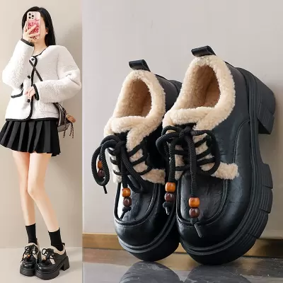 Women's Winter Thick Sole Height Increase Casual Lace-Up Boots Warm Fleece Lined Fashion Shoes