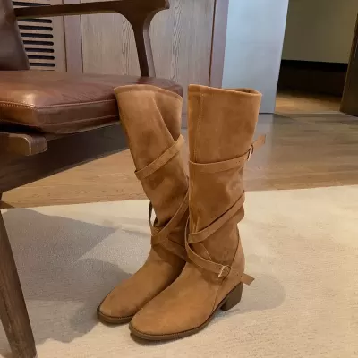 New 7cm Heel Pointed Round Toe Cross Buckle Strap Wrinkled Chunky Heel Mid-Calf Riding Boots for Women