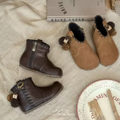 XSHX Retro Handmade Leather Boots for Kids, Ethnic Style Side Zipper Rubber Sole Winter Fleece
