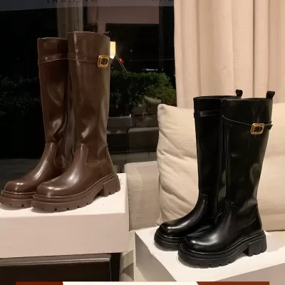 New 5cm Heel Round Toe Chunky Heel Metal Buckle Strap Side Zipper Long Riding Boots for Women