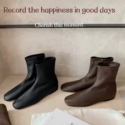 New 3cm Hidden Heel Side Zipper Slim Fit Elastic Ankle Boots for Women, Flat Retro Short Boots