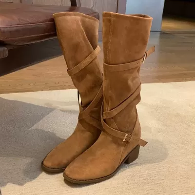 New 7cm Heel Boots for Women, Cross Buckle Strap Mid-High Western Riding Boots, Long Stacked Boots