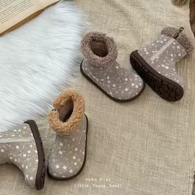 XSHX Vintage Floral Boots for Girls, Mid-Calf Winter Warm Side Zipper Non-Slip Rubber Sole