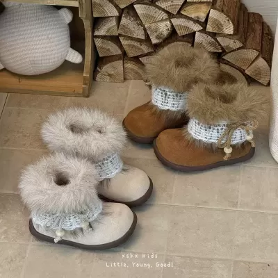 XSHX Fur Collar Leather Boots for Girls, Winter Side Zipper Warm Non-Slip Rubber Sole Protective