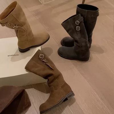 New 3D Round Toe Zipper Buckle Strap Chunky Heel Riding Boots for Women, High Heel Stacked Boots