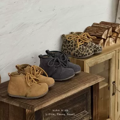 XSHX Retro Leather Boots for Kids, Winter Warm Fleece Side Zipper Functional Thin Sole Korean Vintage Leopard