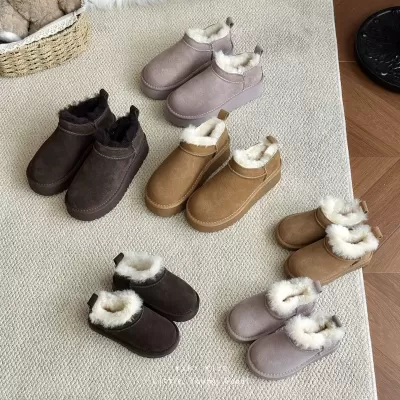 XSHX Celebrity Style Sheepskin Snow Boots for Kids, Winter Wool Collar Suede Slip-On Water Resistant