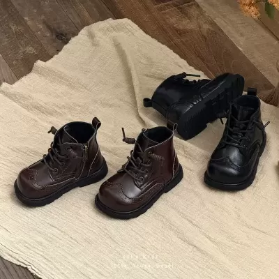 XSHX British Martin Boots for Kids, School Ceremony Formal Leather Boots Winter Fleece Side Zipper Rubber Sole