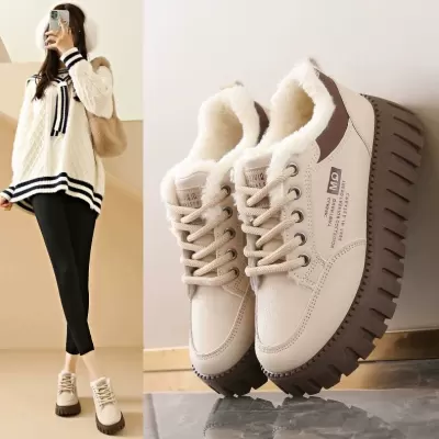 Women's Winter Fleece Lined White Sneakers Thick Sole Warm Cotton Casual Shoes