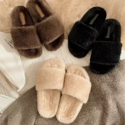 New Winter Warm Comfort Wide Strap Hidden Heel Thick Sole Fur Slippers for Women, Outdoor
